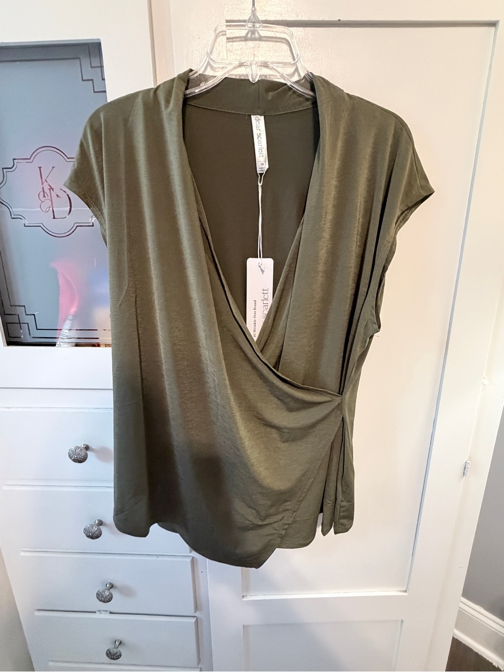 Olive Green Wrap-Front Cap Sleeve Blouse